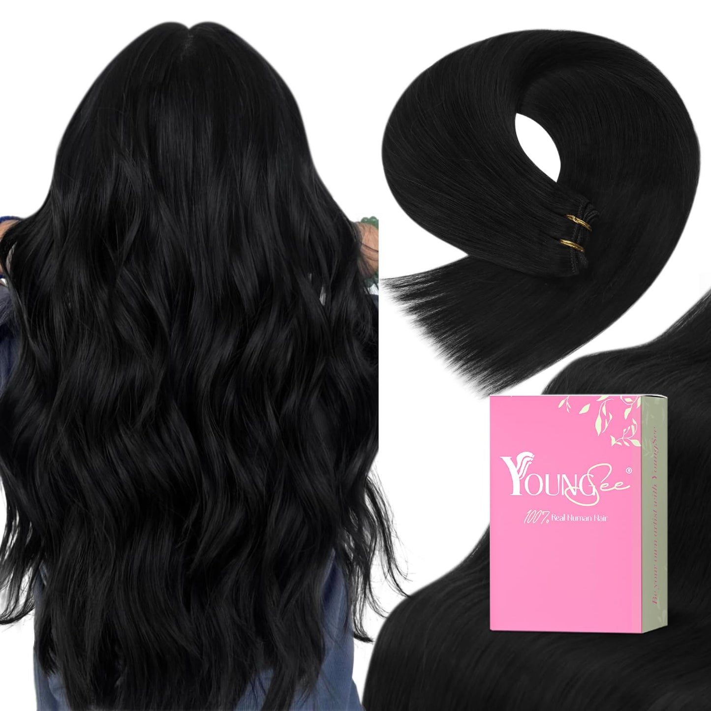 YoungSee Sew in Hair Extension Black Human Hair Weft Extensions Black Sew in Human Hair Extensions Natural Black Sew in Extensio