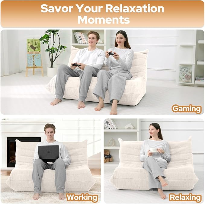 HABUTWAY Bean Bag Chairs Fireside Lazy Floor Sofa, Soft Teddy Fleece 2 Seater Sofa with High-Resilience Foam Filling，Beanbag for Living Room, Bedroom, Office (Beige Teddy)