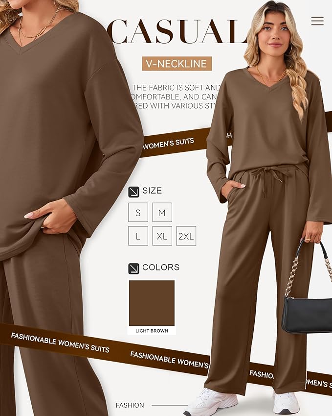 JoyMotion 2 Piece Women's Sweatsuit, V Neck Oversized Tracksuit Wide Leg Pant Fall Lounge Set Long Sleeve Sweatshirts Outfit