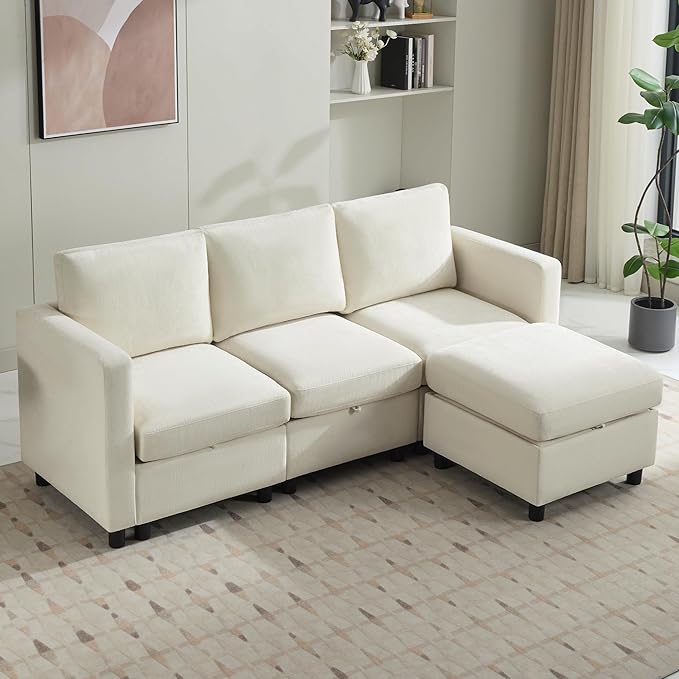 WUTUTUEE 83”L-Shaped Modular Sectional Sofa with Storage & Movable Ottoman, Convertible 4-Seat Reversible Chaise Chenille Couch for Living Room, Soft Beige Fabric, Modern Design