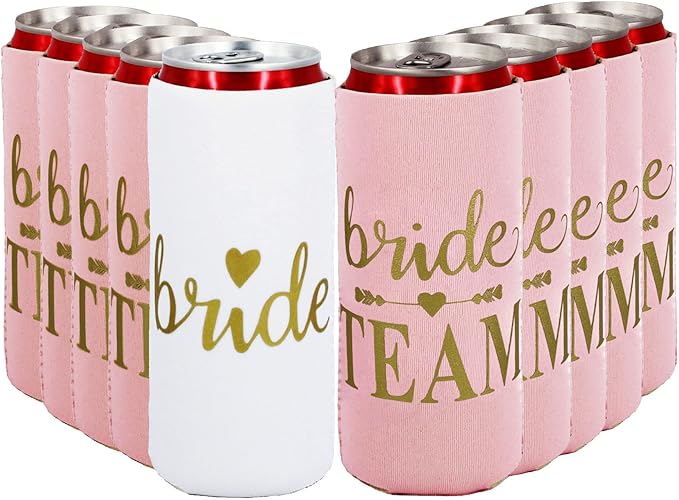 LADY&HOME Bachelorette Slim Can Coolers for Bridesmaid, Set of 10 Bride and Team Bride Can Cooler for Bachelorette Party F...