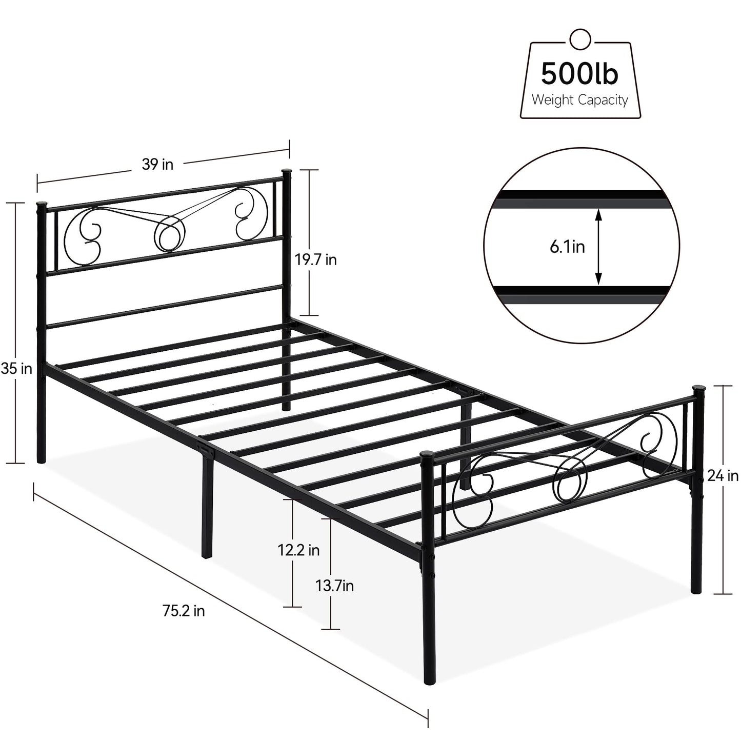FinerFurnis Twin Size Metal Platform Bed Frame with Headboard and Footboard, No Box Spring Needed, Under Bed Storage Space, Mattress Foundation, Simple Assembly, Modern Style Bed Frame Platform