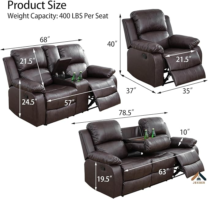 JBXBER Manual Recliner Sofa Set for Living Room, Leather Reclining Sofa Sets, Faux Leather Couch Set with Cup Holders, Drop-Down Table and Storage Console(Sofa and Loveseat,Brown)