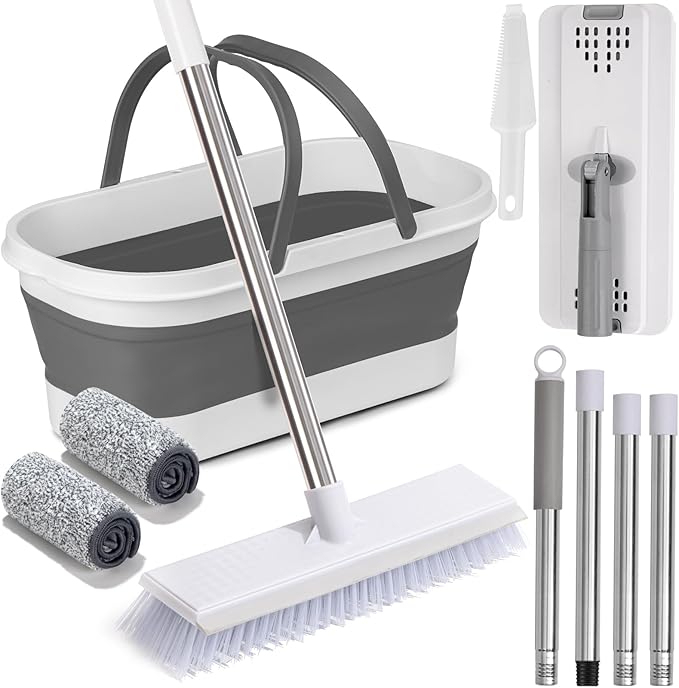 Flat Mop and Bucket Set with Heavy Duty Scrub Brush, 2 Washable Reusable Microfiber Pads, for Tile Hardwood, Wall Cleaning, Home Indoor or Outdoor Cleaning (White-Gray)