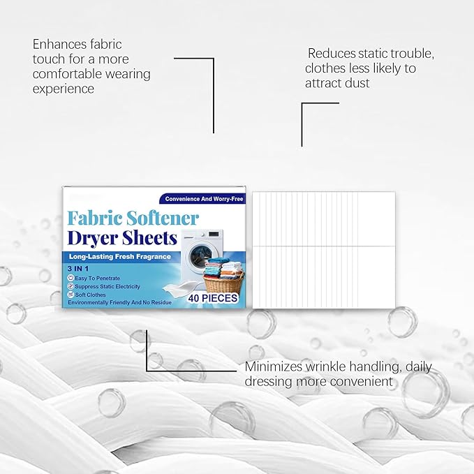 Fabric Softener Dryer Sheets, With Effective Odor Removal, 40 Pieces, Scented Gentle Freshening, Odor Control Laundry Sheets, Static Cling & W-Rinkle Reducer, For Pet Hair Removal, Washing Machine