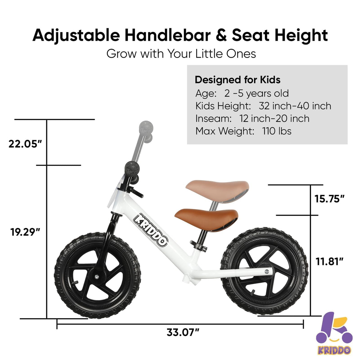 KRIDDO Toddler Balance Bike 2 Year Old, Age 24 Months to 5 Years Old, 12 Inch Push Bicycle with Customize Plate (3 Sets of Stickers Included), Gift Bike for 2-3 Boys Girls, White