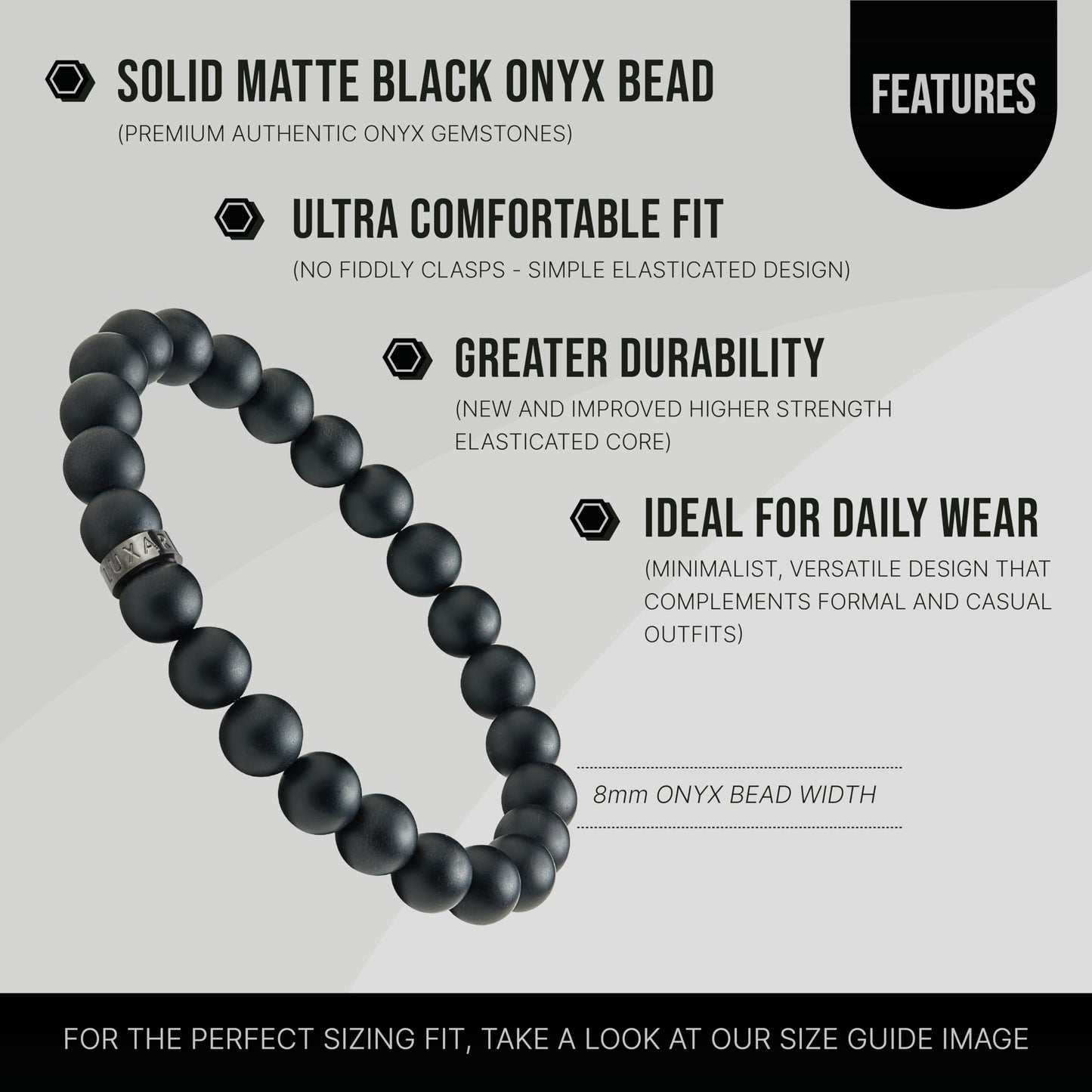 LUXAR Mens Black Onyx Stone Bead Bracelets | Matte Black 8mm Stone | Minimalist, Designer Jewelry for Men (Black, Small)