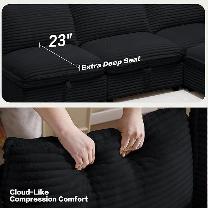 125" Oversized Modular 6 Seater Sofa with Removable Covers and Storage, Convertible U, L-Shaped and Sleeper Sectional, Modern Corduroy Couches with Ottoman Chaise for Living Room, Apartment, Black