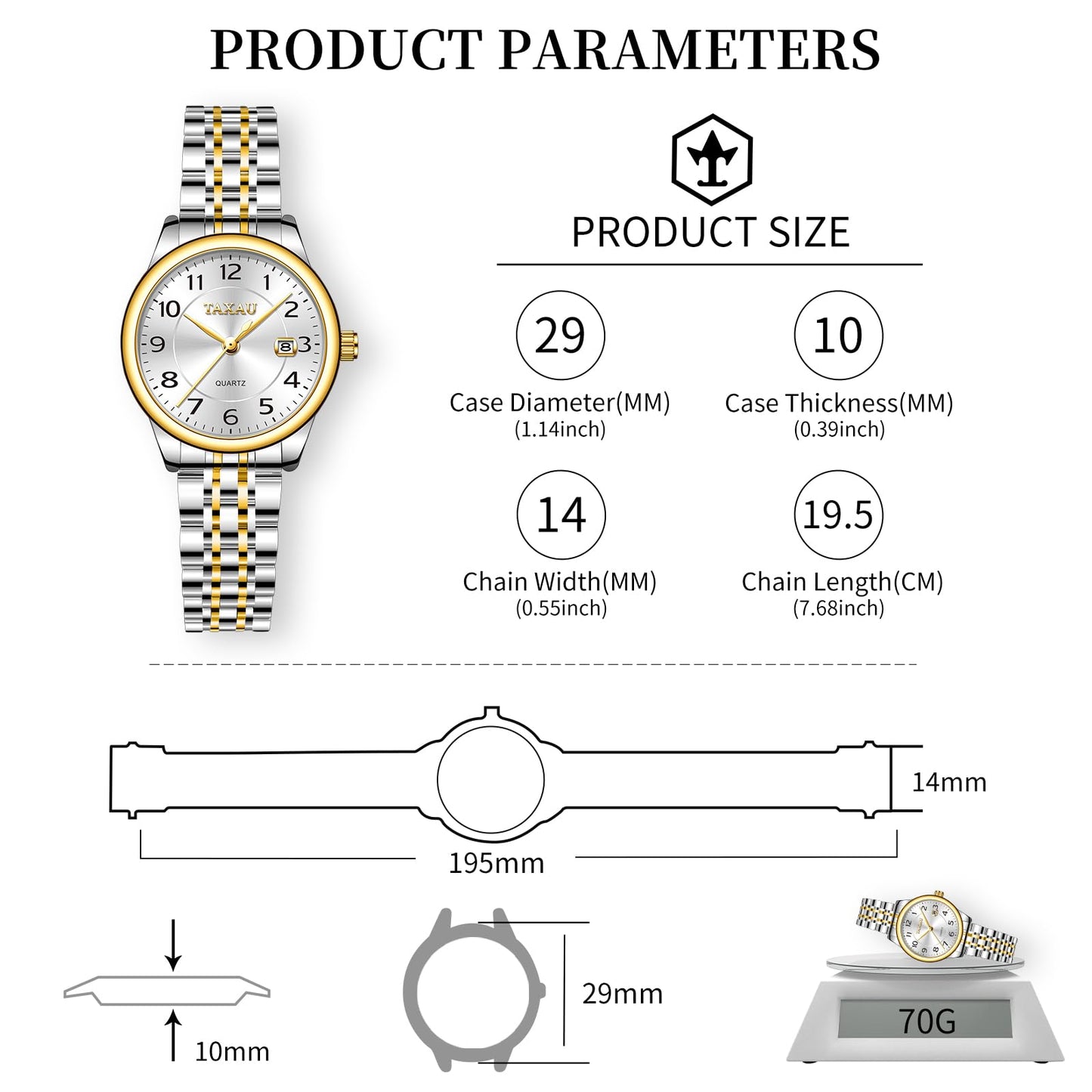 Taxau Small Face Womens Watch Silver Gold Two Tone Watches for Women Ladies Stainless Steel Waterproof Easy Read Womens Watch with Date Dress Quartz Women Wrist Watches Reloj para Mujer