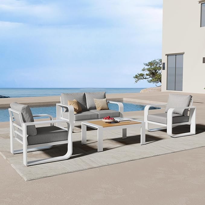 Aluminum Outdoor Patio Furniture Set, 4 Piece Oversized Patio Conversation Sets Widened Armrest & Ultra-Thick Cushions, Heavy Duty Modern Sectional Furniture for Backyard, Deck, White