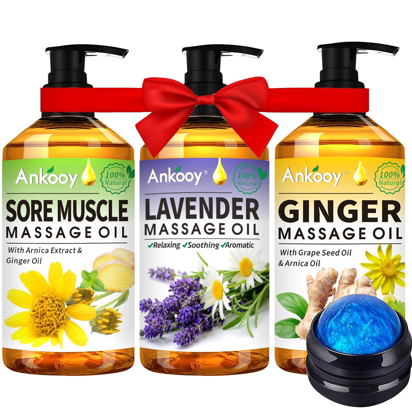 3 Pack Massage Oil for Massage Therapy,Sore Muscle Arnica Oil & Relaxing Lavender Oil & Ginger Oil Lymphatic Drainage & Massage Ball,Lymphatic Drainage Massager Body Oil,Massage Kit Gifts for Women