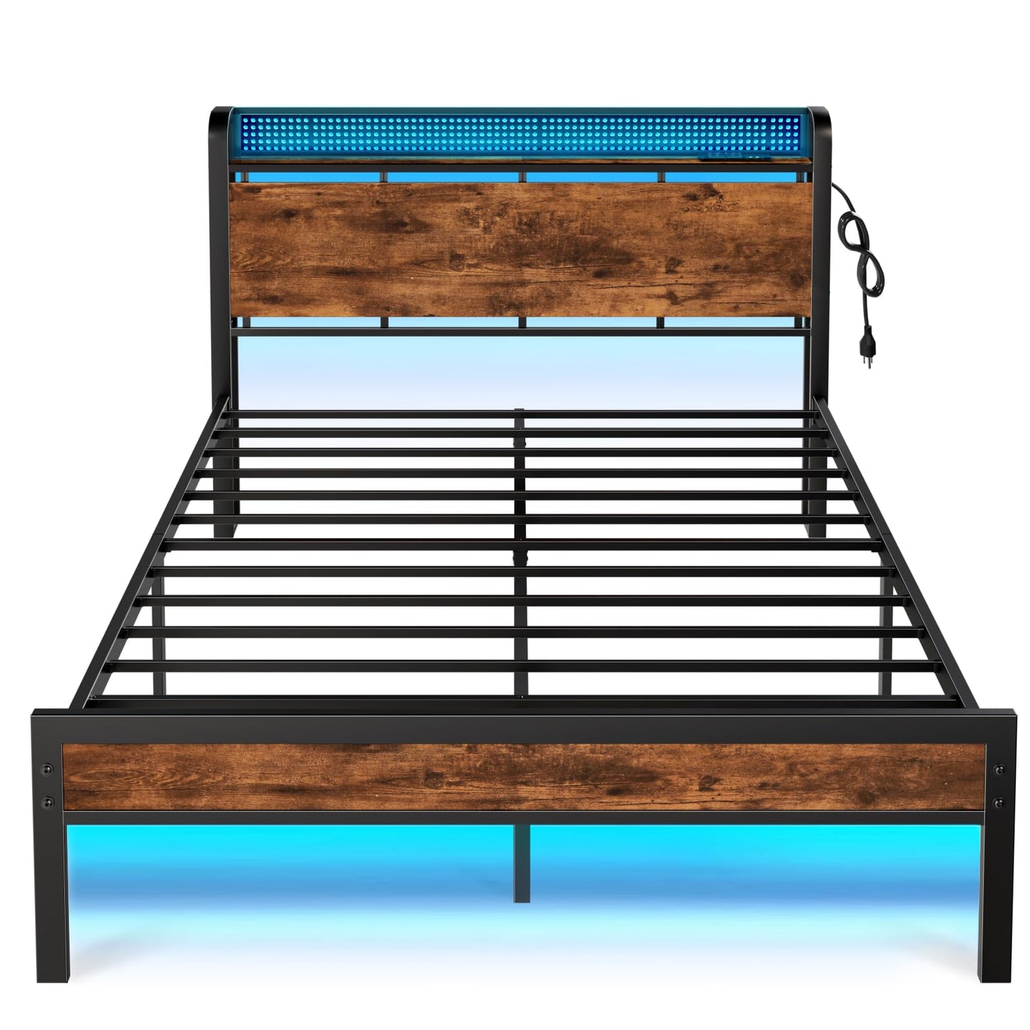 Furnulem Queen Bed Frame with Charging Station and LED Lights,Industrial Platform Beds Queen Size with Storage Headboard,USB Port,Rustic Wood and Strong Metal Support,No Box Spring Needed, Noise Free