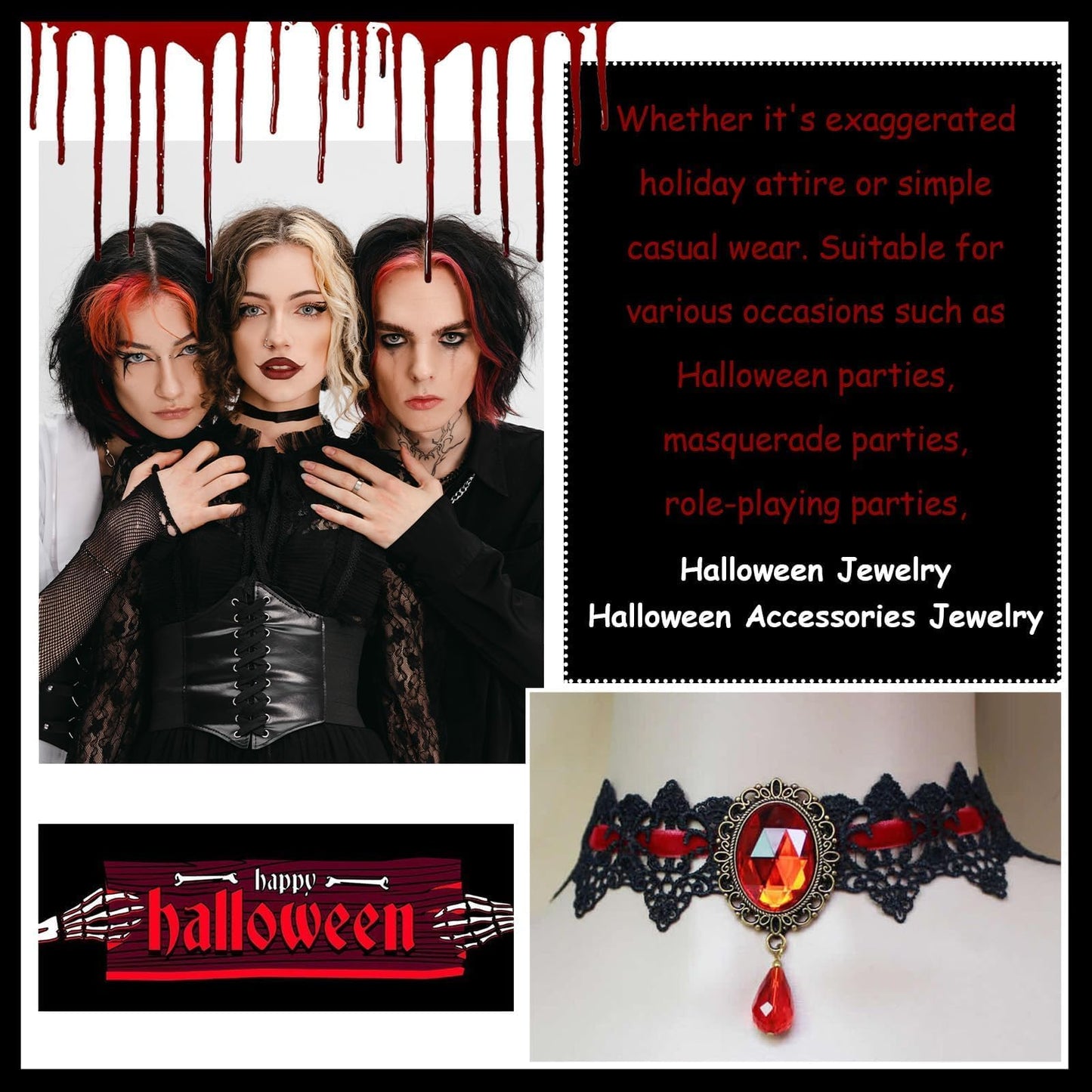 Dcfywl731 Halloween Choker Necklace Bracelet Earrings Set Gothic Black Halloween Costume Accessories Jewelry for Women