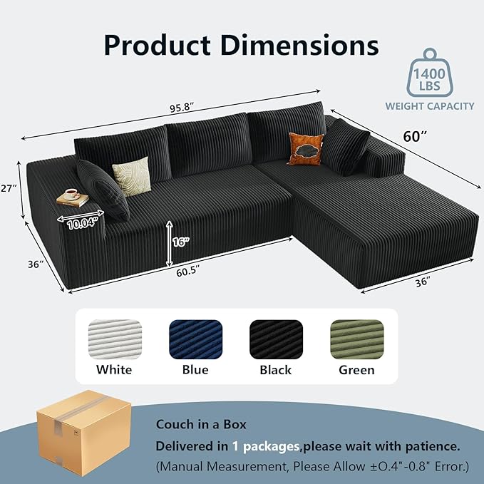 96" Cloud Sectional Couch with L-Shape Chaise, Modern Corduroy Boneless Couch for Living Room,Memory Foam Sofa with Deep Seat,No Assembly Required (Black,Right-Facing Chaise)
