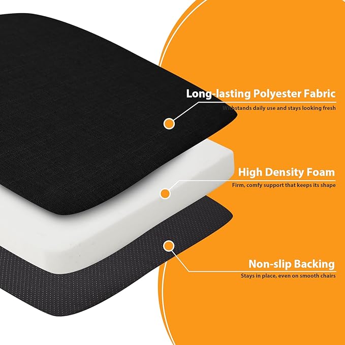Ruqmuis Chair Cushions for Dining Chairs, 2" Thick Seat Cushions for Kitchen Chairs, D-Shaped Chair Pads with Washable Cover, Ties and Non Slip Backing, 17'' x 16'', Set of 4, Black