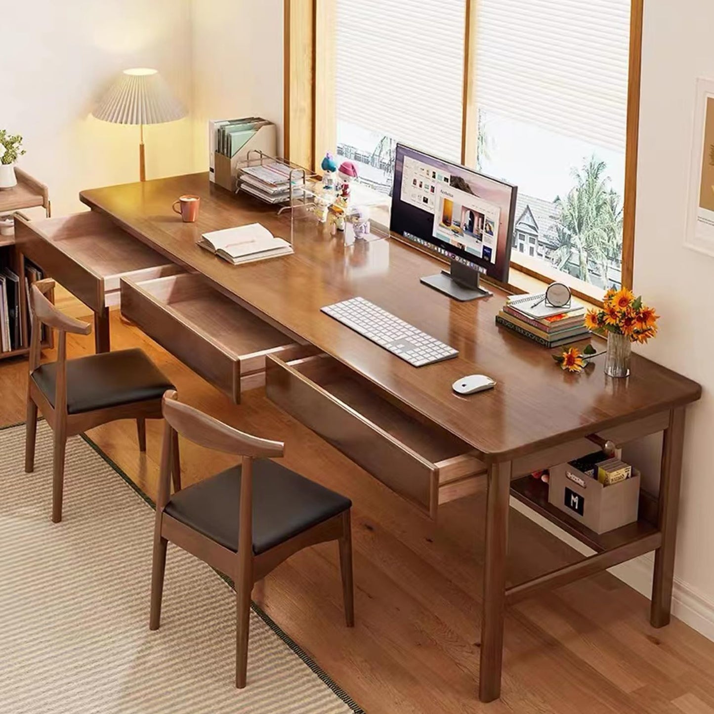 Ytaoka 70.86" Long Solid Wood Desk with 3 Drawers Home Office Computer Desk Mid Century Modern Large Study Writing Desk Simple Real Wood Desk Study Table Workstation, Walnut