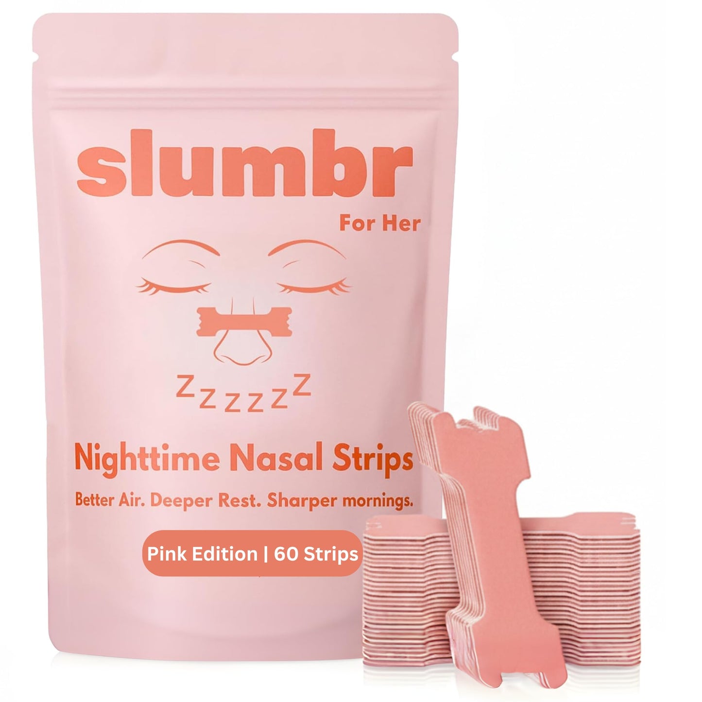 Slumbr Nasal Strips (60 Count) – Slim Fit Design for Smaller Noses – Extra-Strength Grid Adhesive – Nighttime Comfort, Clear Breathing & Consistent Sleep Routines (for Her – Pink)