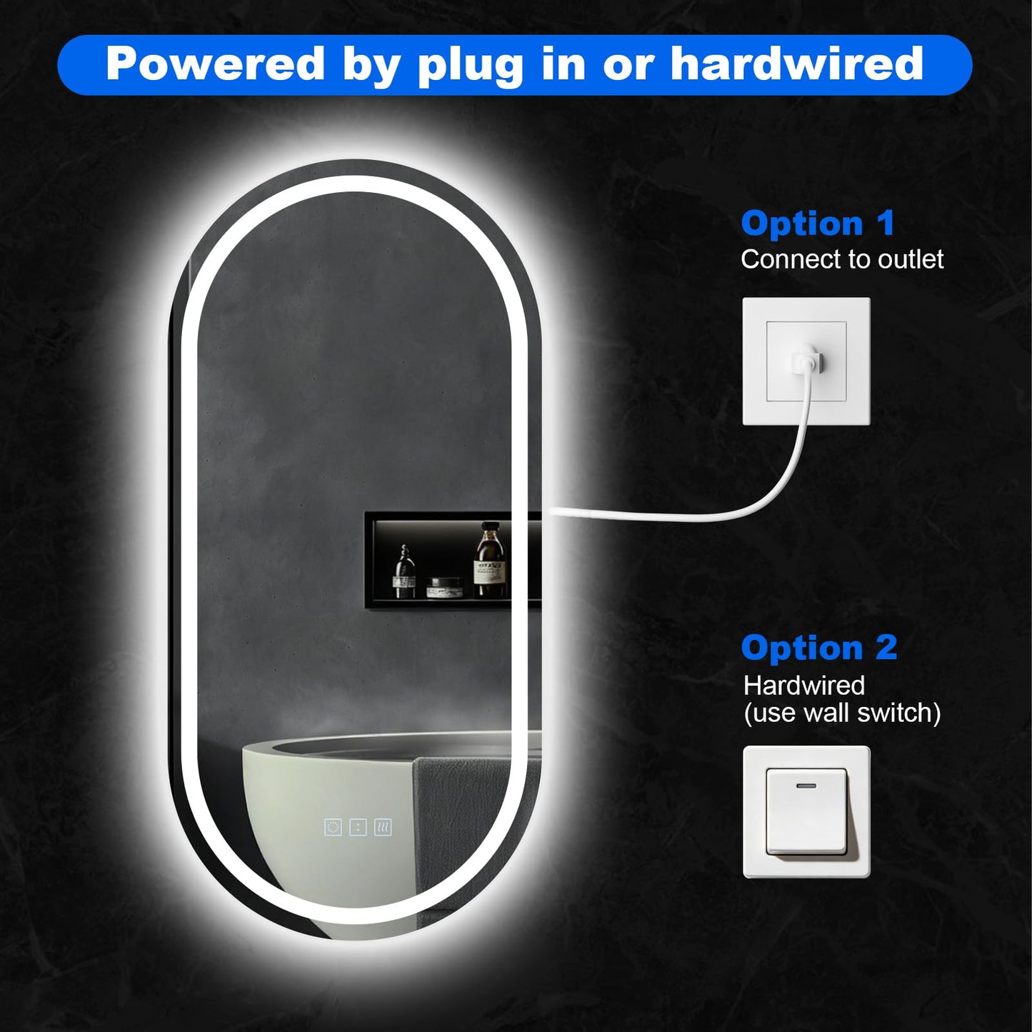 QAOYEDE 40x20 Inch LED Bathroom Vanity Mirror with Lights, Oval Smart Wall Mirrors, Front Lighted+Backlit, Touch Control, 3 Color Switch, Tempered Glass, Vertically Only, UL Recognized