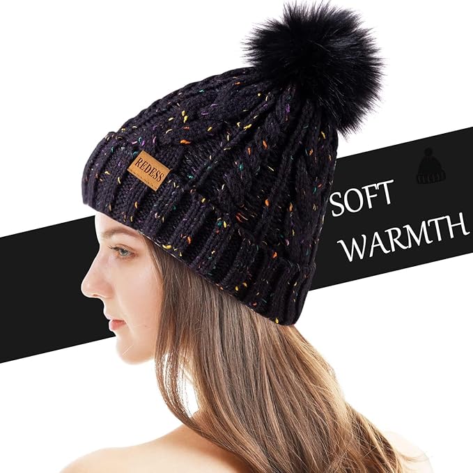 REDESS Women Winter Pompom Beanie Hat with Warm Fleece Lined, Thick Slouchy Snow Knit Skull Ski Cap