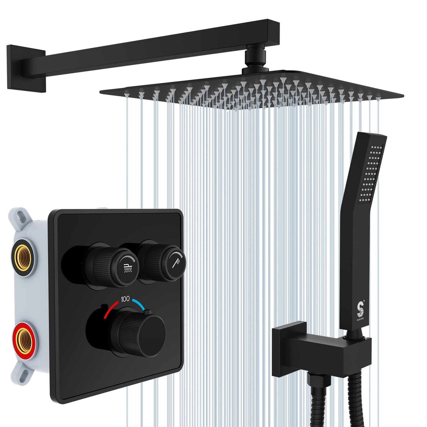 SR SUN RISE 100℉ Thermostatic Shower System,10" Luxury Rainfall Shower Head and High-Pressure Handheld Bathroom Shower Faucet Set,Shower Valve and Trim Kit Included (Matte Black)