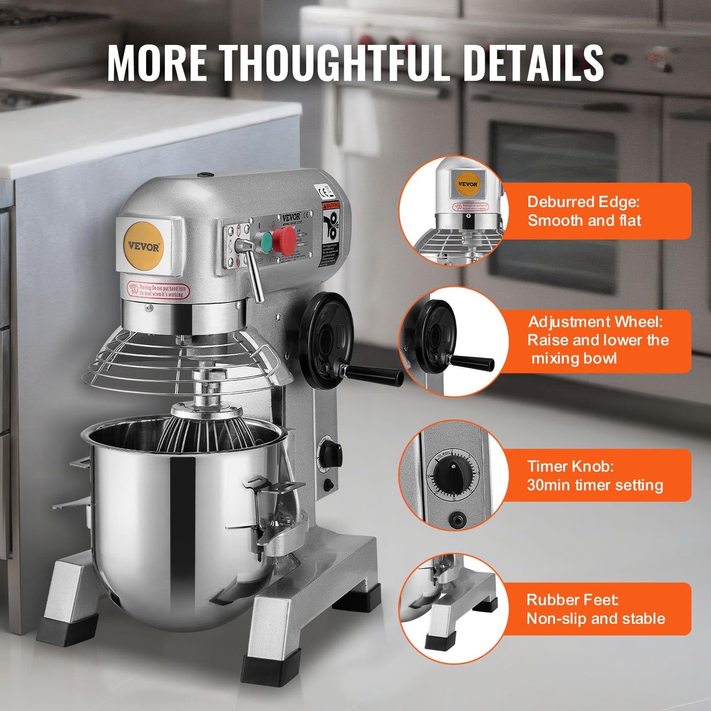 VEVOR Commercial Food Mixer, 20Qt Commercial Mixer with Timing Function, 750W Stainless Steel Bowl Heavy Duty Electric Food Mixer Commercial with 3 Speeds Adjustable 108/199/382 RPM, Dough Hook Whisk
