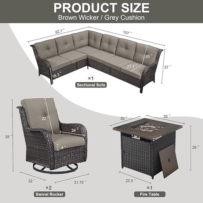 Belord Outdoor Sectional Sofa Furniture Set with Propane Fire Pit Table, Wicker Patio Conversation Set with 2 Swivel Glider Rocker Chairs Grey Cushion Perfect for Backyard Casual Gathering