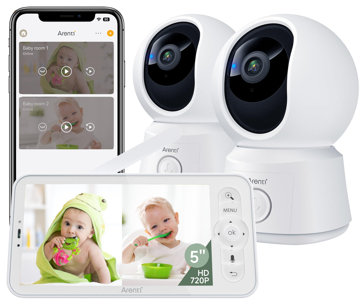 ARENTI Baby Monitor 2 Cameras, Smart Baby Camera with 5-Inch Wireless Display, Super Night Vision, Temperature Sensor, Sound Detection, Auto Motion Tracking, 2-Way Audio, VOX Mode(B2 Set)