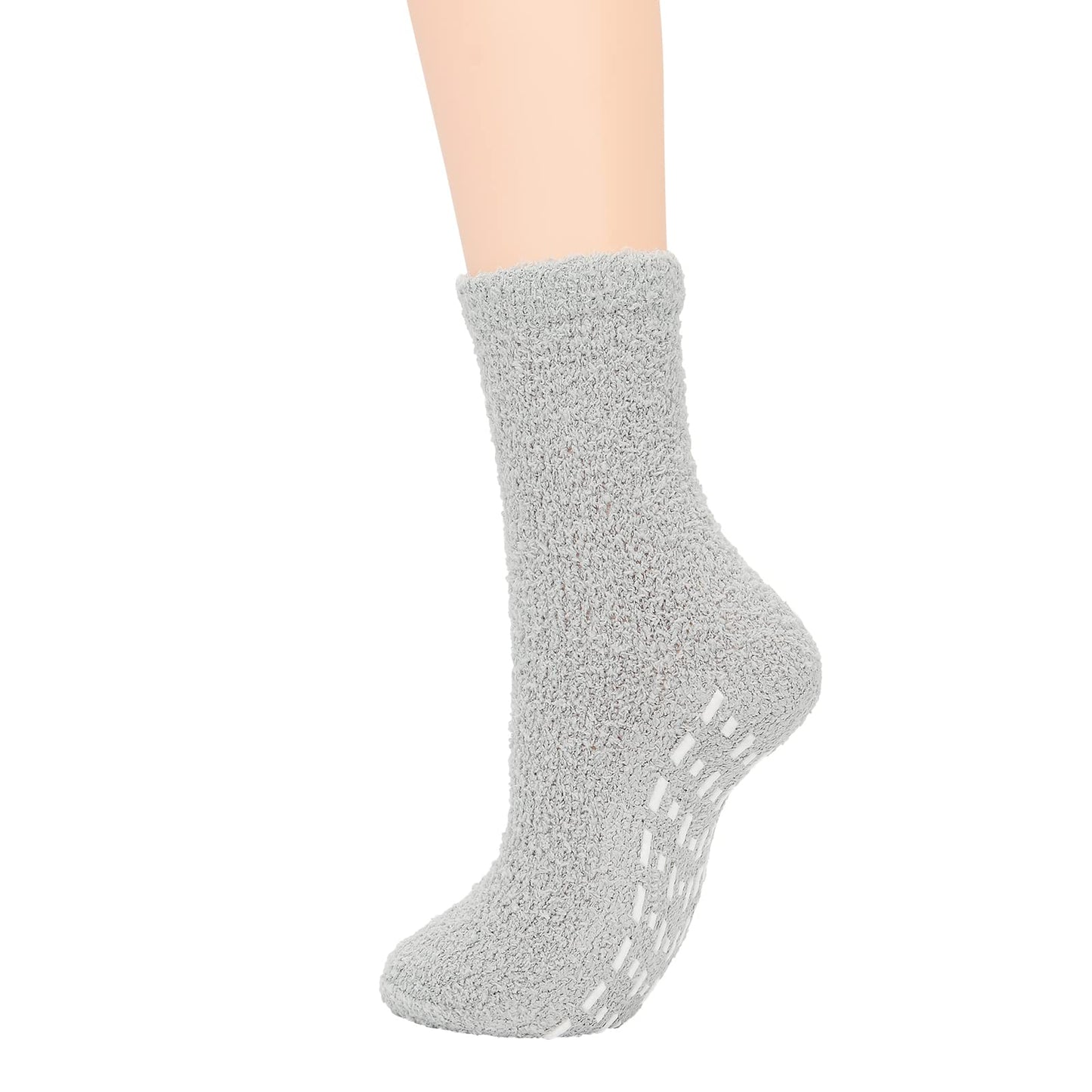 Hospital Non Slip Socks with Grips for Women Fuzzy Fluffy Grippy Warm Slipper Socks with Grip for Women No Slip 3 Pairs Blue Gray White