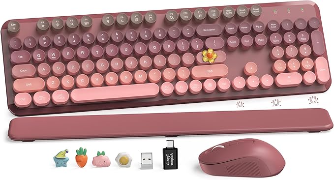 Wireless Keyboard and Mouse Combo, Cute Retro Typewriter Keyboard with Round Keycaps, Full-Size Aesthetic Keyboard with Magnetic Wrist Rest, 2.4GHz USB for Windows/Mac Desktop Laptop (Pink Gradient)