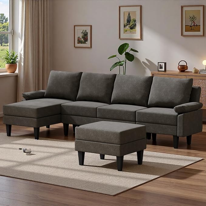 Topcomfy U-Shaped Sectional Couches for Living Room, Convertible 4 Seat Modular Sectional Sofa Set with Ottoman, Modern L Shaped Couch with Chaise for Bedroom Apartment and Office, Chenille Brown
