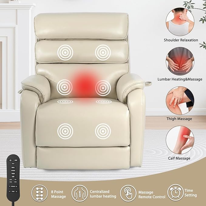EONIX Wide Lay Flat Power Lift Recliner Chair for Elderly, 400lbs Heavy Duty Lift Chairs with Heat and Massage Charging Ports, Oversized Dual Motor Power Recliner for Adults, LRY004063, Cream White