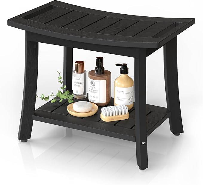 Waterproof Shower Benches for Inside Shower, Poly Lumber Shower Stool with Storage Shelf & Adjustable Feet, SPA Bathroom Seat Chair for Shaving Legs, Indoor or Outdoor Use, Black
