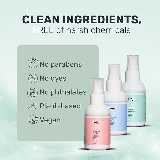 Frey Fabric Freshener Spray – Pack of 3 | Linen Spray Deodorizer for Laundry | Cedarwood, Sandalwood, Jasmine Rose | 2oz Bottles