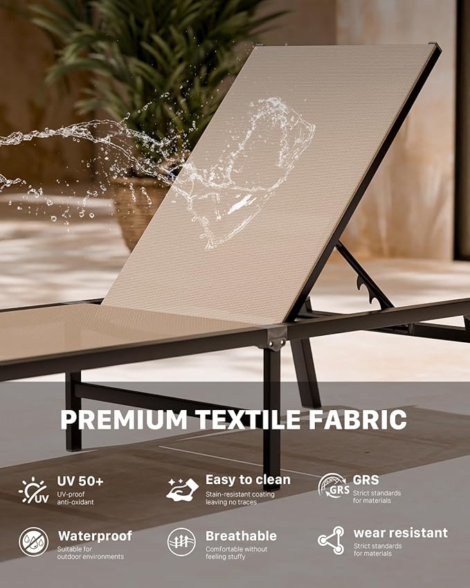 Aluminum Chaise Foldable Patio Lounge Chair Outdoor, Metal Deck Lounger Adjustable 5-Position Recliner Pool Chase Breathable Full Flat Outside Sun Tanning Chairs for Beach/Poolside/Lawn(Khaki, 2 Pack)