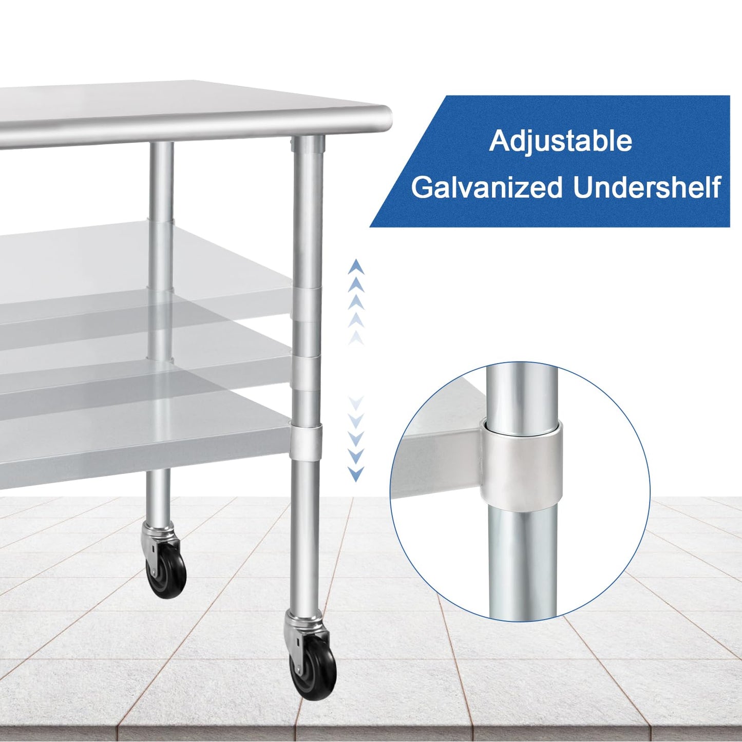 HARDURA Stainless Steel Table with Wheels 30 x 48 Inches Casters NSF Heavy Duty Commercial Work & Prep Table with Undershelf and Galvanized Legs for Restaurant Kitchen Bar and Hotel Garage