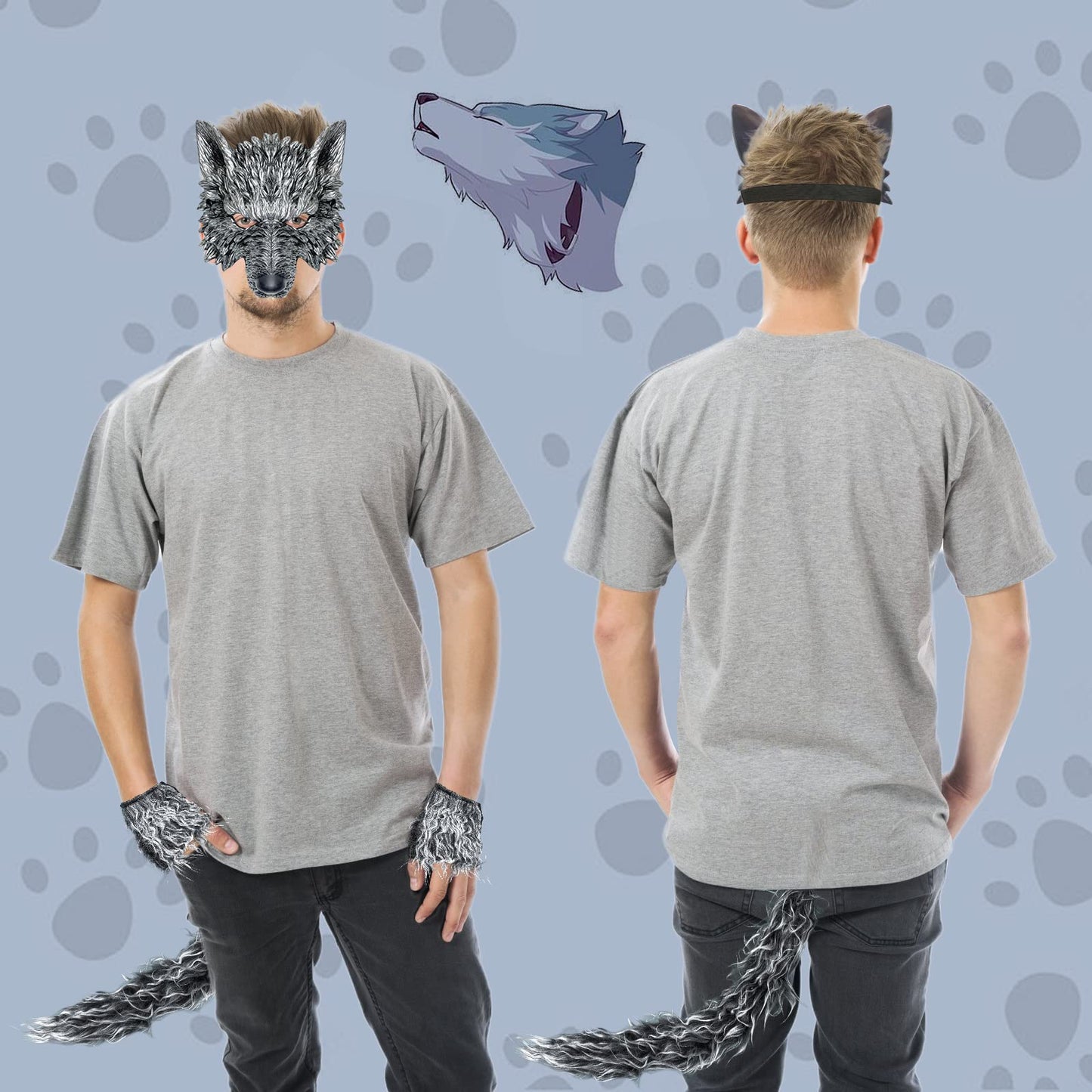 Exlinonline Wolf Costume Headwear (WW-099) for Halloween Party - Includes Wolf Ears, Tails, Gloves and Mask - Perfect for Women, Men, Kids, Boys and Girls - One Size Fits Most
