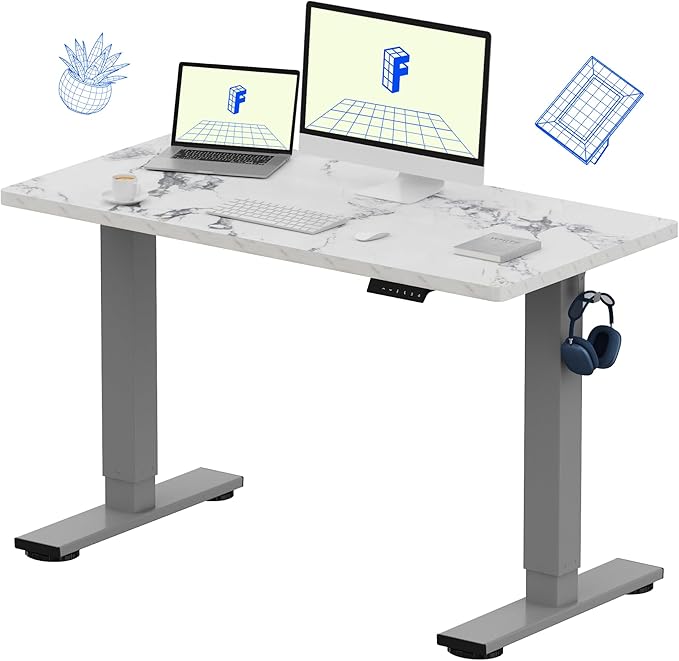 FLEXISPOT EN1 One-Piece Standing Desk 48 x 24 Inches Height Adjustable Electric Desk (Silver Frame + Marble Grey Top, 2 Packages)