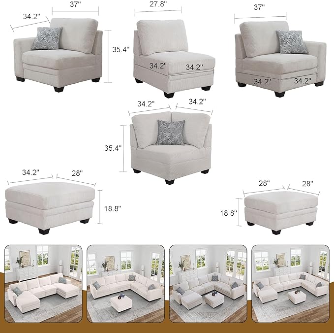 Legend Vansen Oversized Modular Sectional Sofa,6 Seat U Shaped Couch with Ottoman,Corduroy Sofa with Deep Seat,Convertible Large Sectional Couches for Living Room(Cream, U-6)