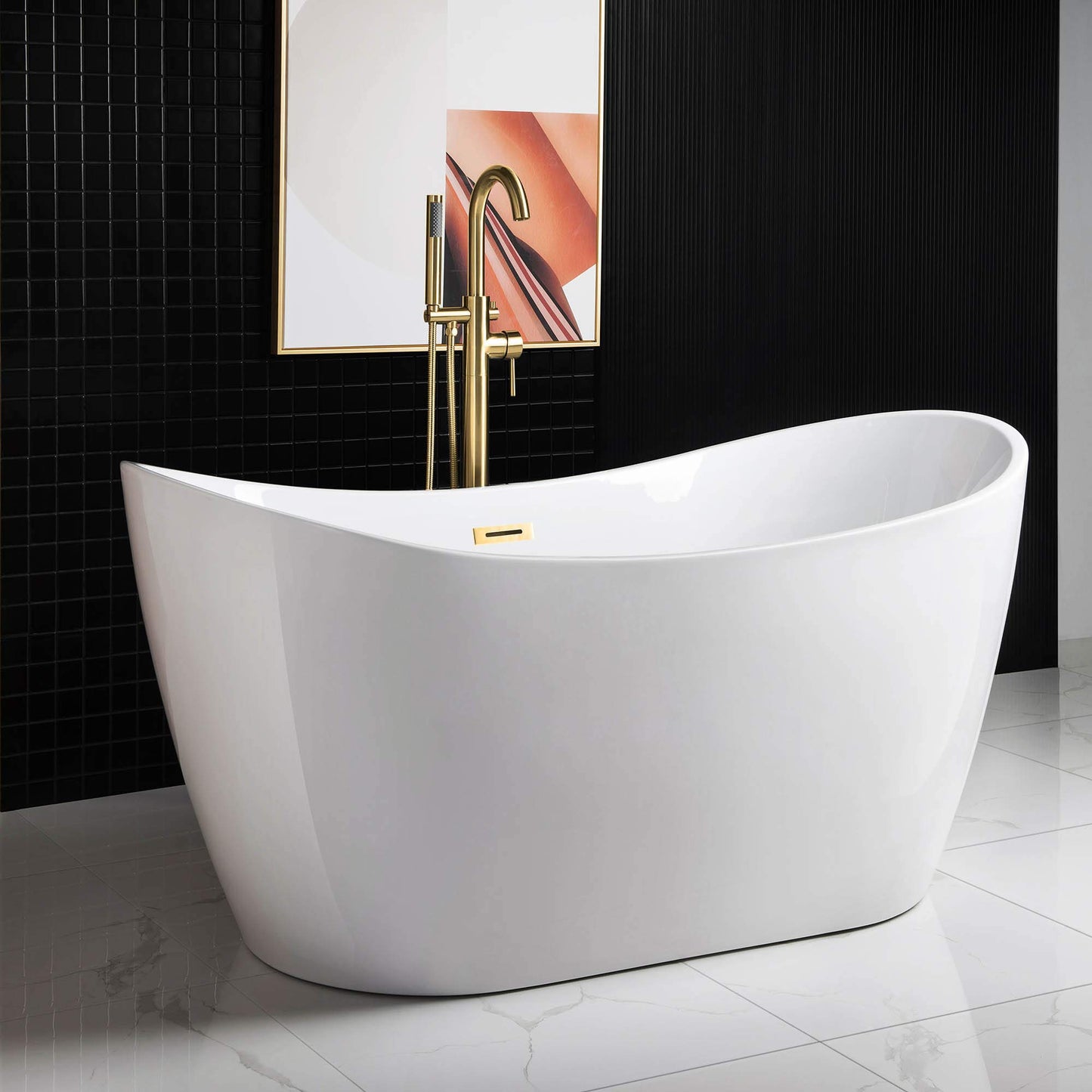 WOODBRIDGE 59" Acrylic Freestanding Bathtub Contemporary Soaking White Tub with Brushed Gold Overflow and Drain，BTA1516-BG-Drain-&O