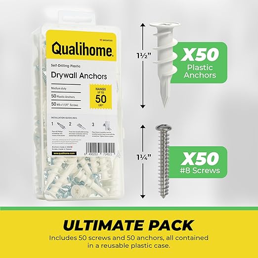 Qualihome Heavy Duty Plastic Self Drilling Drywall Anchors and Screws Kit | Includes 50 Drywall Anchors, 50#8 1-1/4 Inch Screws & Reusable Storage Case