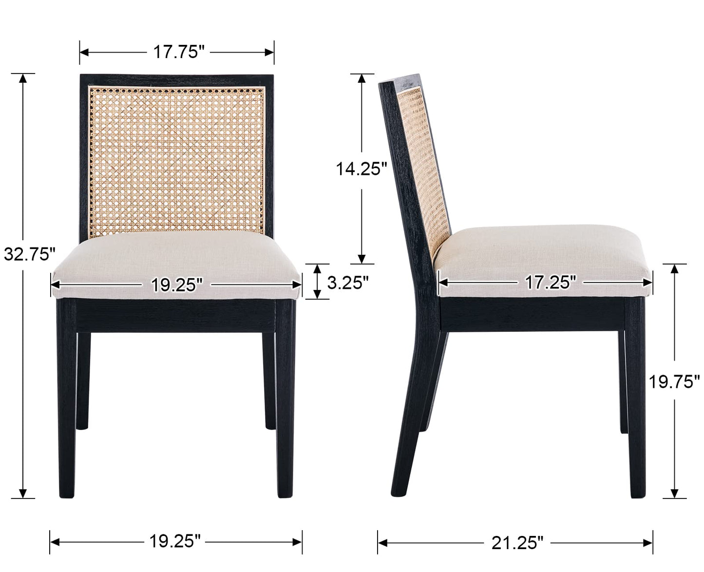 BESTANO Farmhouse Rattan Dining Chairs Set of 6 Black Wood Dining Room Chairs Rectangle Cane Country Kitchen Chairs Upholstered Wood Dining Chair for Dining Room, Cream Linen