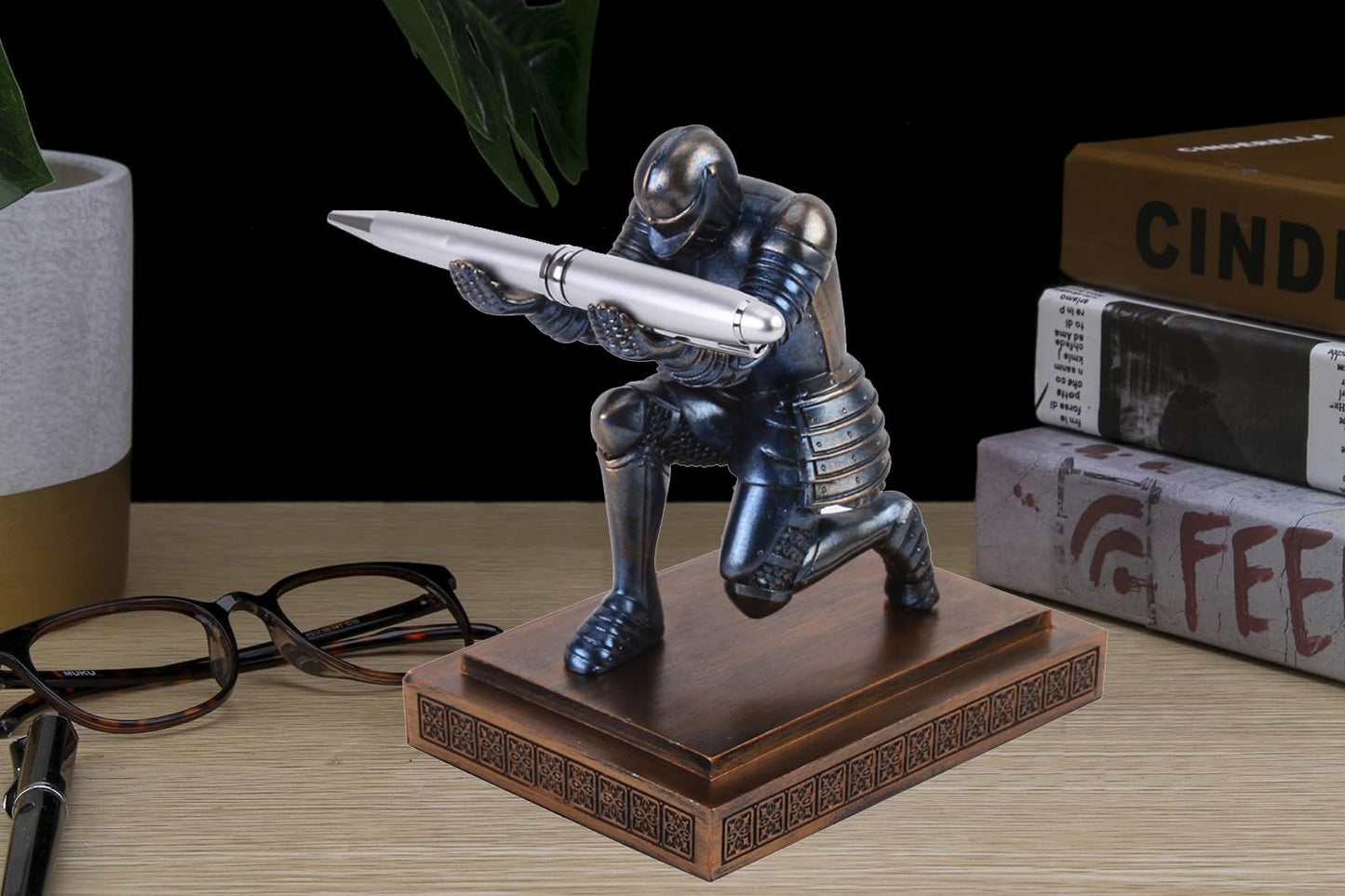Amoysanli Knight Pen Holder Desk Organizers and Accessories Desk Decor Resin Pen Holder as Gift with a Cool Pen for Office and Home (Blue)
