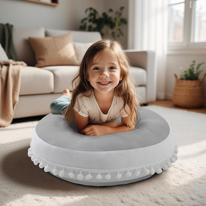 Kishome Large Floor Pillow Kids Round Floor Cushion Seating, 20 inches Big Circle Pillow, Round Floor Pillows Seating for Children, Oversized Mat for Reading Nook Teepee Playroom Nursery, Light Grey