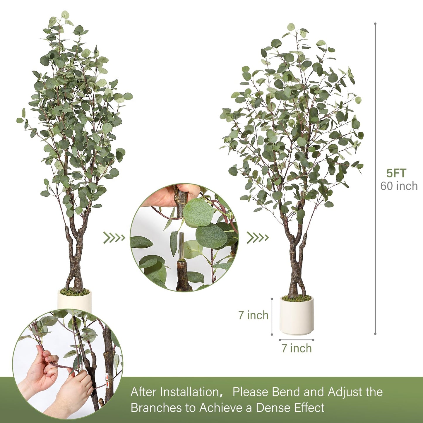 GarveeHome Artificial Eucalyptus Tree Indoor, 5ft Tall Fake Artificial Plant with White Planter，Large Faux Floor Plant Fake Silk Trees with 50 Lights Artificial Trees for Home Decor Indoor