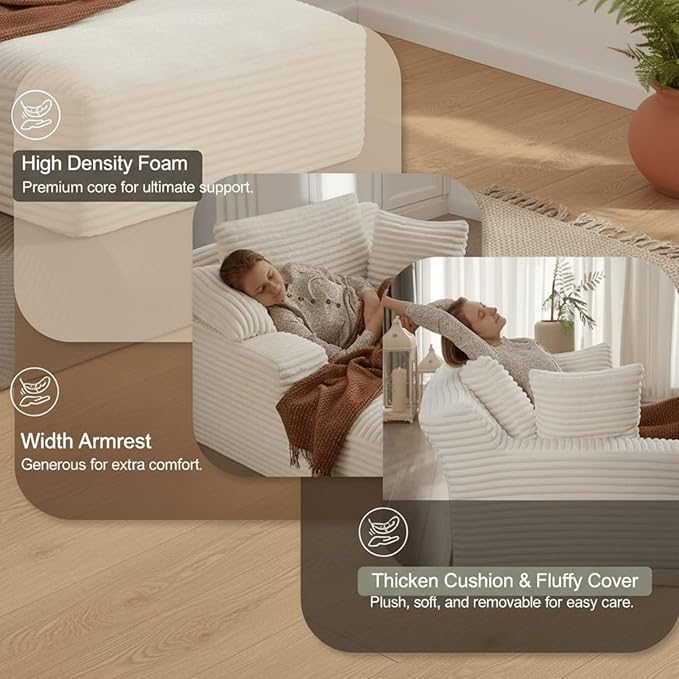 Alpen 66" Oversized Chaise Lounge, Boneless Couch Indoor, Corduroy Couch Boneless Sofa Chair for Reading with Wide Armrest and 3 Throw Pillows, No Assembly Required, Milky White