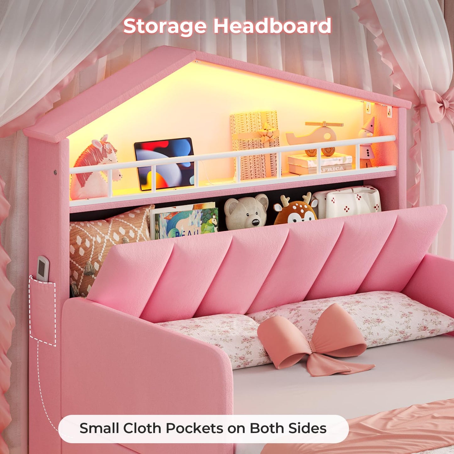 ADORNEVE Twin Size Bed Frame with LED Lights,Velvet Upholstered Platform Bed for Girls,Princess Bed with Safety Guardrail,Headboard with Charging Station & Hidden Storage,No Box Spring Needed,Pink