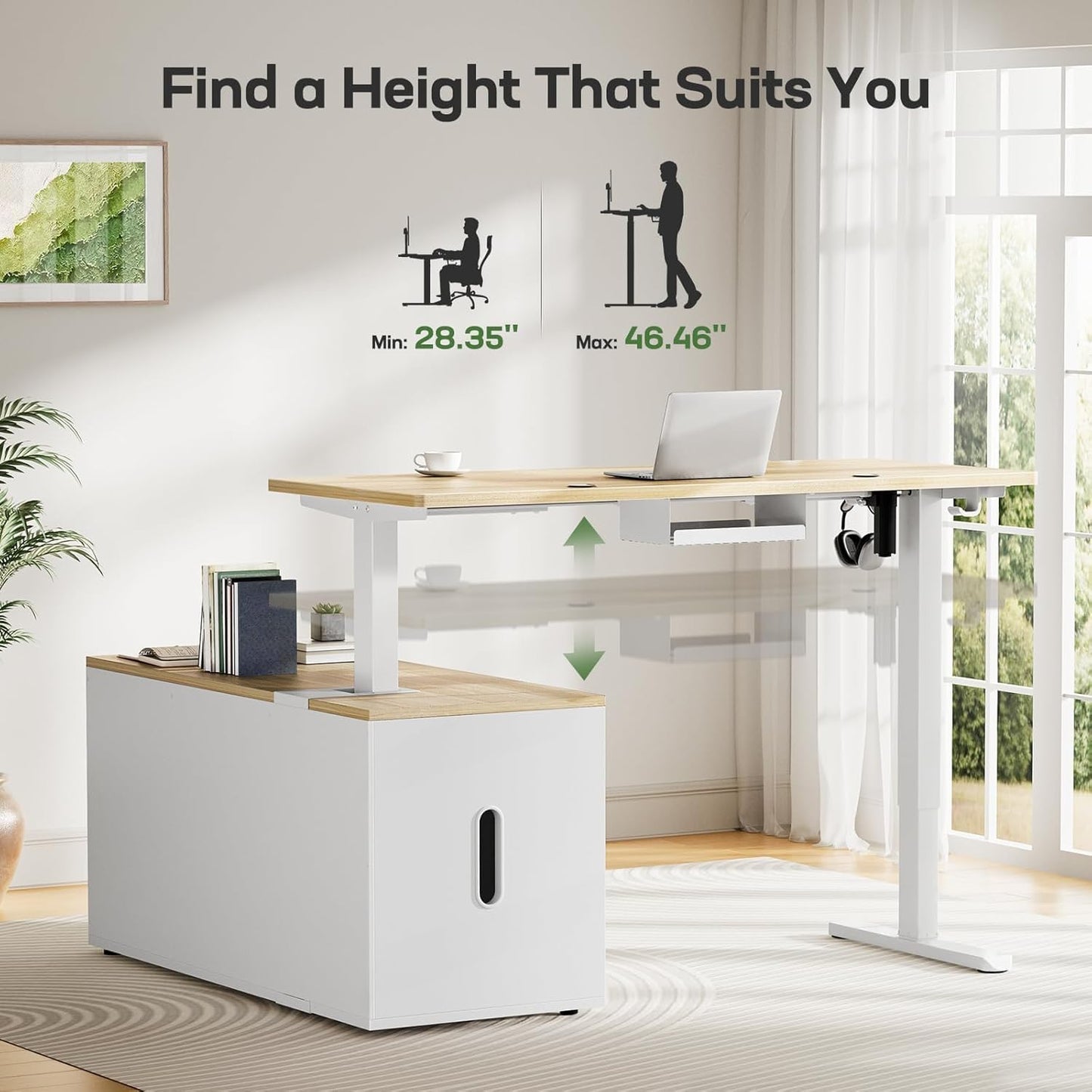 Marsail L-Shaped Executive Standing Desk with File Cabinet, 55" x 24" Electric Height Adjustable Stand up Desk, One-Whole Piece Desktop, Home Office Modern Computer Deskwith 4 Memory Presets