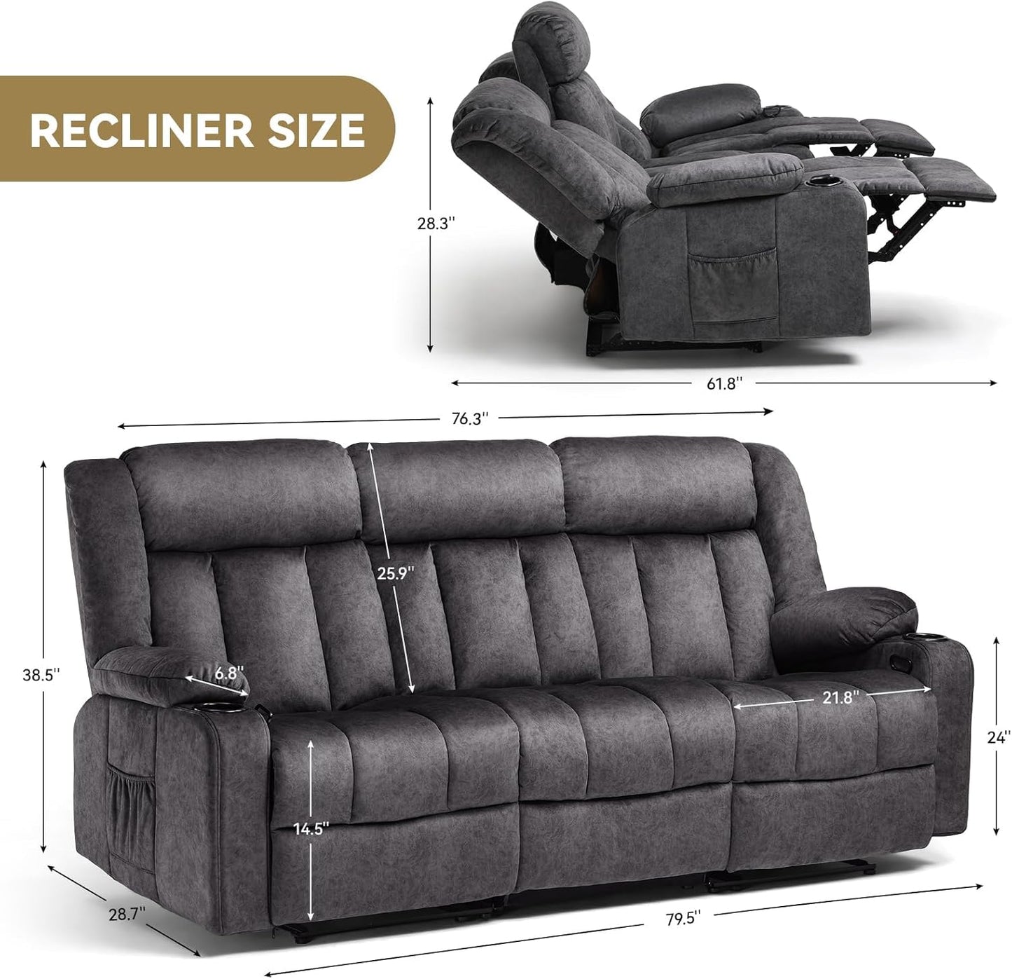 COMHOMA Loveseat Recliner Sofa,Fabric Home Theater Seating Seats,RV Manual Reclining Chair with Bluetooth Speakers,Living Room Furniture Set