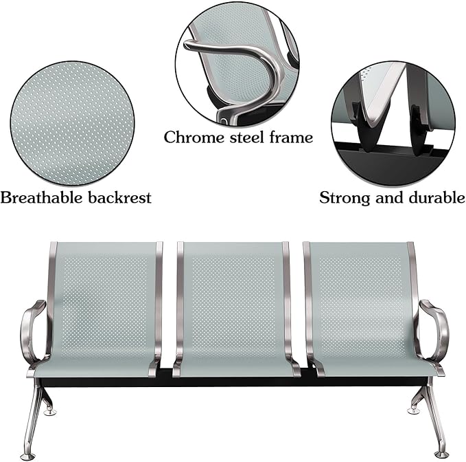 Kinsuite 3-Seat Waiting Room Chairs - Waiting Room Chairs with Arms Airport Reception Chairs Reception Bench, Lobby Bench Seating for Office, Business, Bank, Hospital, Silver