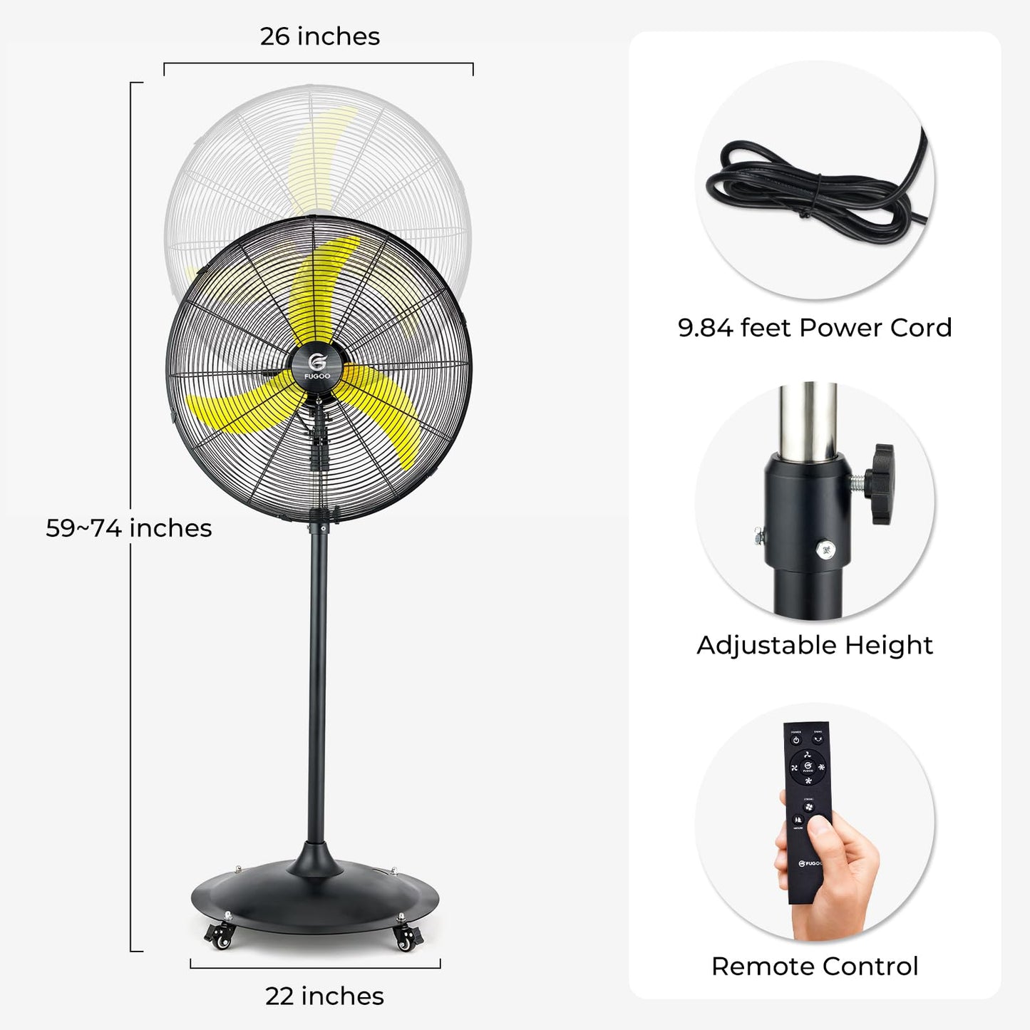 Fugoo 24 Outdoor Oscillating Pedestal Fan With Remote Control,All Sealed Bldc Motor, 4-Speed Waterproof Outdoor Fan, Heavy Dut